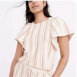 Madewell Textured Flutter Sleeve Crop Top in Stripe Afterglow Red Size Small